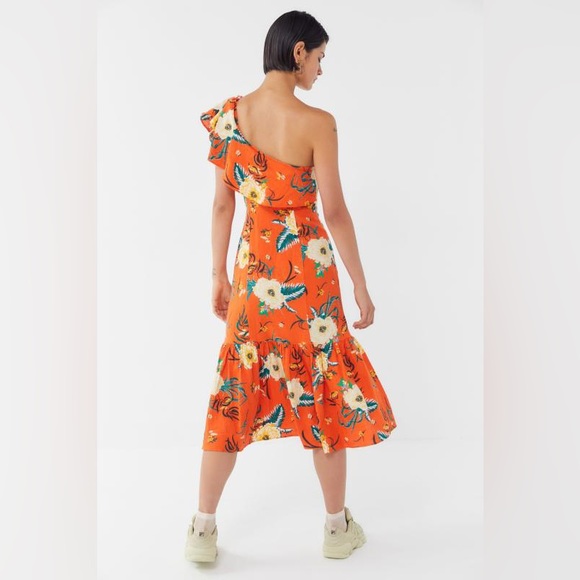 Urban Outfitters Carmen Linen One-Shoulder Floral Ruffle Midi Dress, size XS NWT - Picture 2 of 6